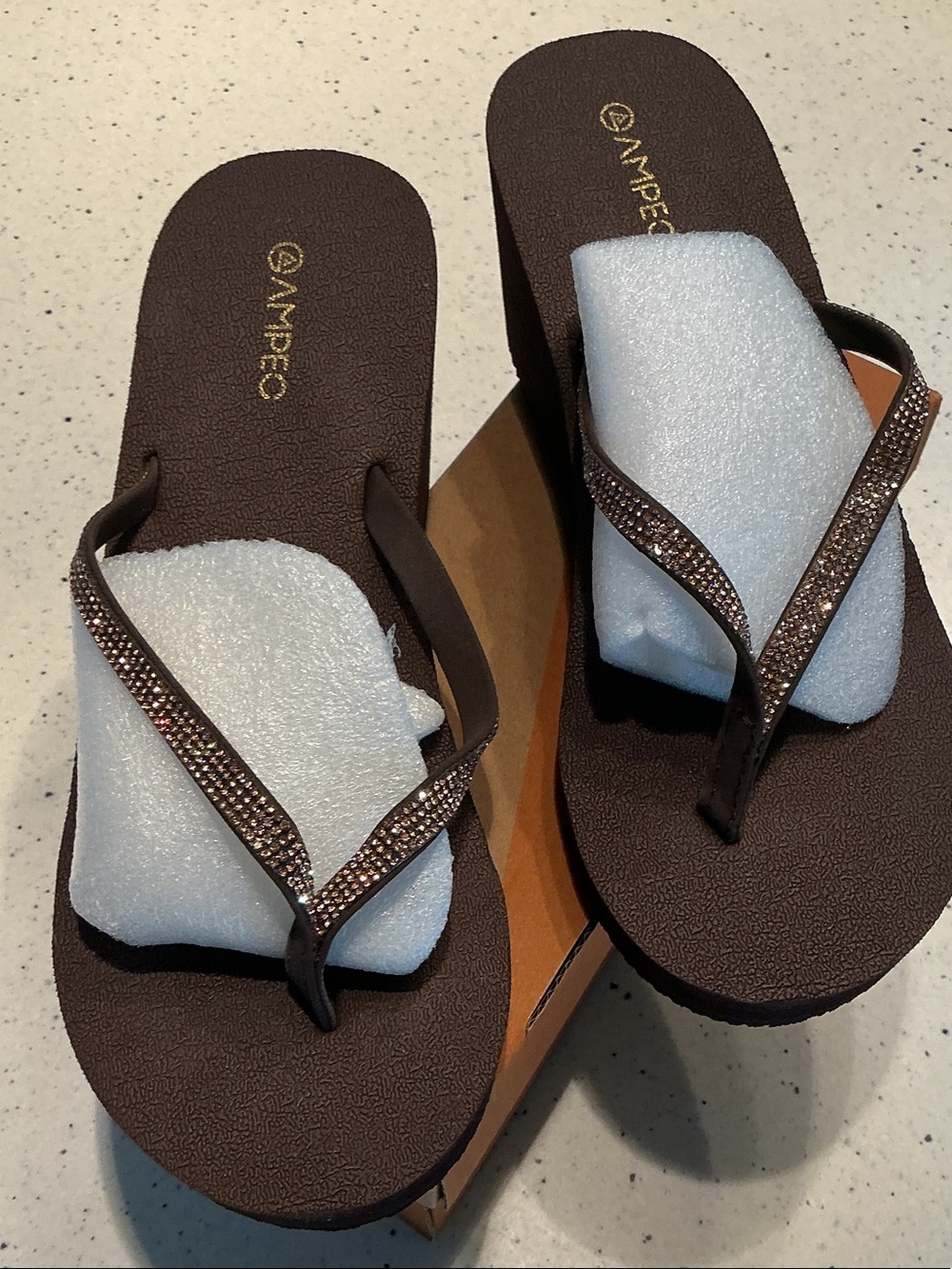 Ampeo Brown Rhinestone Flip Wedge Sandals